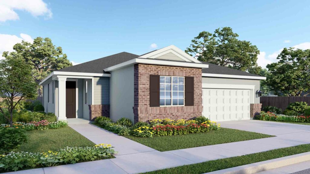 All Charleston elevations are one-story homes. The American Traditional elevation is the only one with exterior shutters on the front windows. The model featured has a gray roof and white trim. This elevation features light gray horizontal siding. The large front window is framed by dark green shutters and surrounded by red bricks. These bricks also come halfway up every forward-facing wall. The garage door is cream-colored with paneling and metal accents that give it an elevated look.