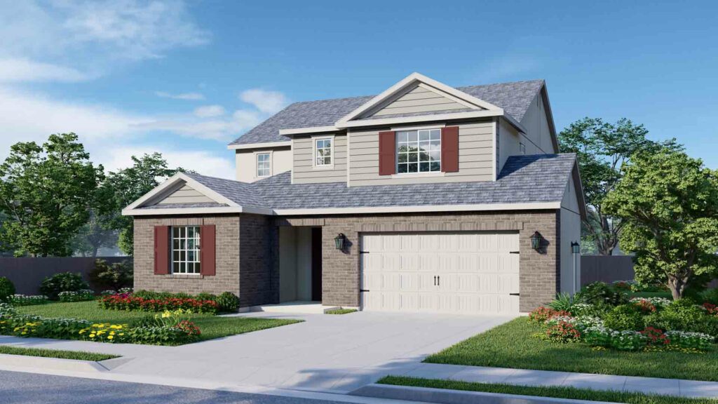 All Elise elevations are two-story homes. The American Traditional elevation is the only one with exterior shutters on the front windows. The model featured has a gray roof and white trim, with beige horizontal siding on the upper floor. A large window on the second floor is framed by dark rust-colored shutters. This window is located just above the garage, on the right side of the house. The first floor features brick siding, which is brown in the picture. The front-most window on the first floor, to the left of the garage, has rust-brown shutters that match the upstairs window. The garage door is cream-colored with paneling and metal accents that give it an elevated look.