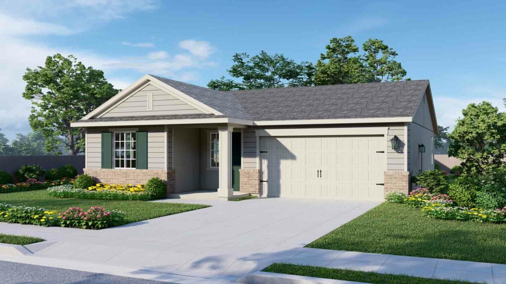 All Raleigh elevations are one-story homes. The American Traditional elevation is the only one with exterior shutters on the front windows. The model featured has a gray roof and white trim. This elevation features light gray horizontal siding and cream-colored brick reaching just below the windows. The large front window is framed by dark green shutters. The garage door is cream-colored with paneling and metal accents that give it an elevated look.