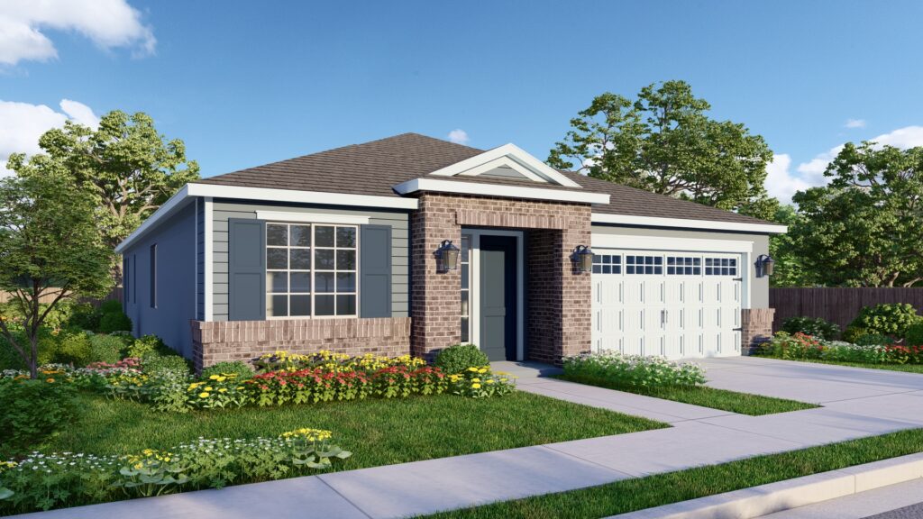 All Lexington elevations are one-story homes. The American Traditional elevation is the only one with exterior shutters on the front windows. The model featured has a gray roof and white trim. This elevation features light gray horizontal siding. The large front window is framed by dark green shutters and surrounded by red bricks. The bricks also form an archway around the entrance. The garage door is cream-colored with paneling and windows that give it an elevated look.