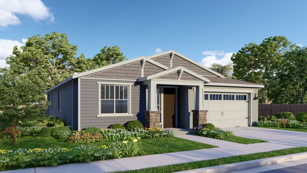 All Lexington elevations are one-story homes. The Craftsman elevation features roof detailing that is typical of craftsman-style homes. The model pictured has gray horizontal siding on with shingles on the gable end. The trim and garage door are both cream-colored. The front door is flanked by pillars with has decorative stone on the bottom half of each one. The garage door has paneling and windows that give it an elevated look.