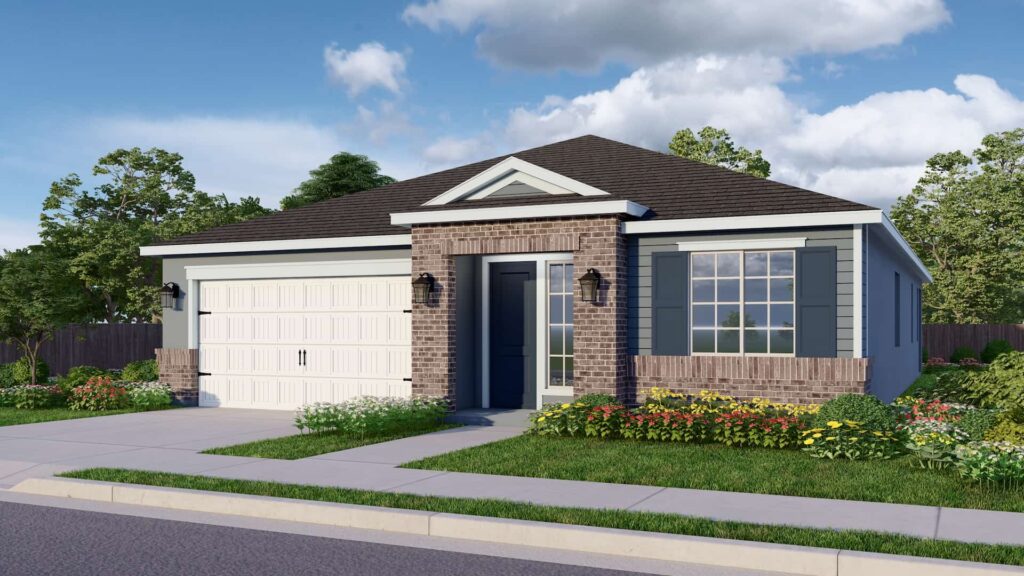 All Lexington elevations are one-story homes. The American Traditional elevation is the only one with exterior shutters on the front windows. The model featured has a gray roof and white trim. This elevation features light gray horizontal siding. The large front window is framed by dark green shutters and surrounded by red bricks. The bricks also form an archway around the entrance. The garage door is cream-colored with paneling and windows that give it an elevated look.