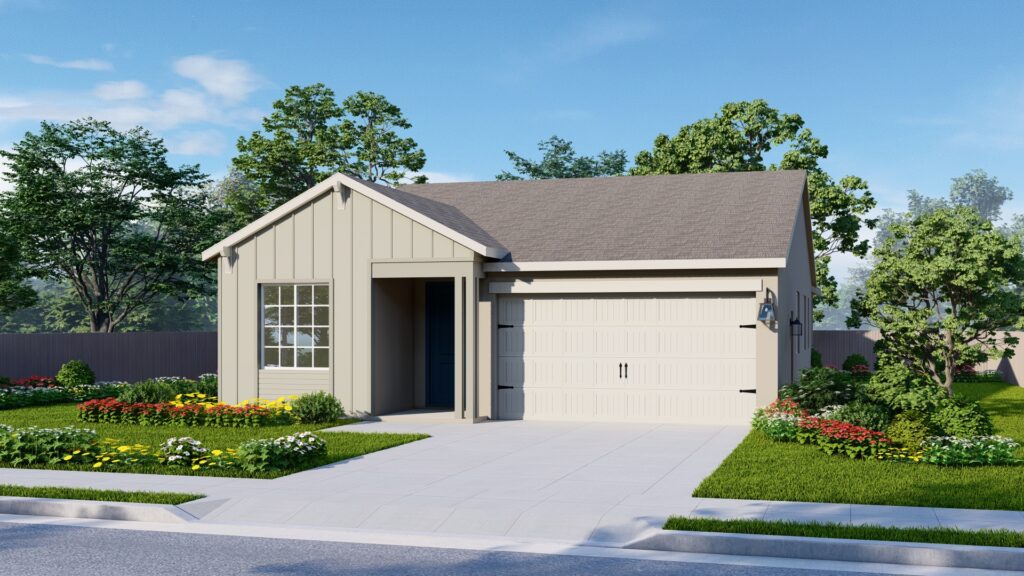 A two-story home with a gray roof and white trim. The upper floor has beige board-and-batten siding, while the first floor is finished with brown brick. A covered front porch with square columns enhances the farmhouse appeal. The garage door is cream-colored with panel details and metal accents.